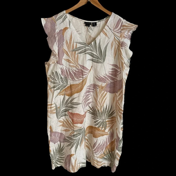 Tahari Womens plus size 1X 100% Linen Tropical Print Shift Dress Ruffle Sleeve - Picture 4 of 6